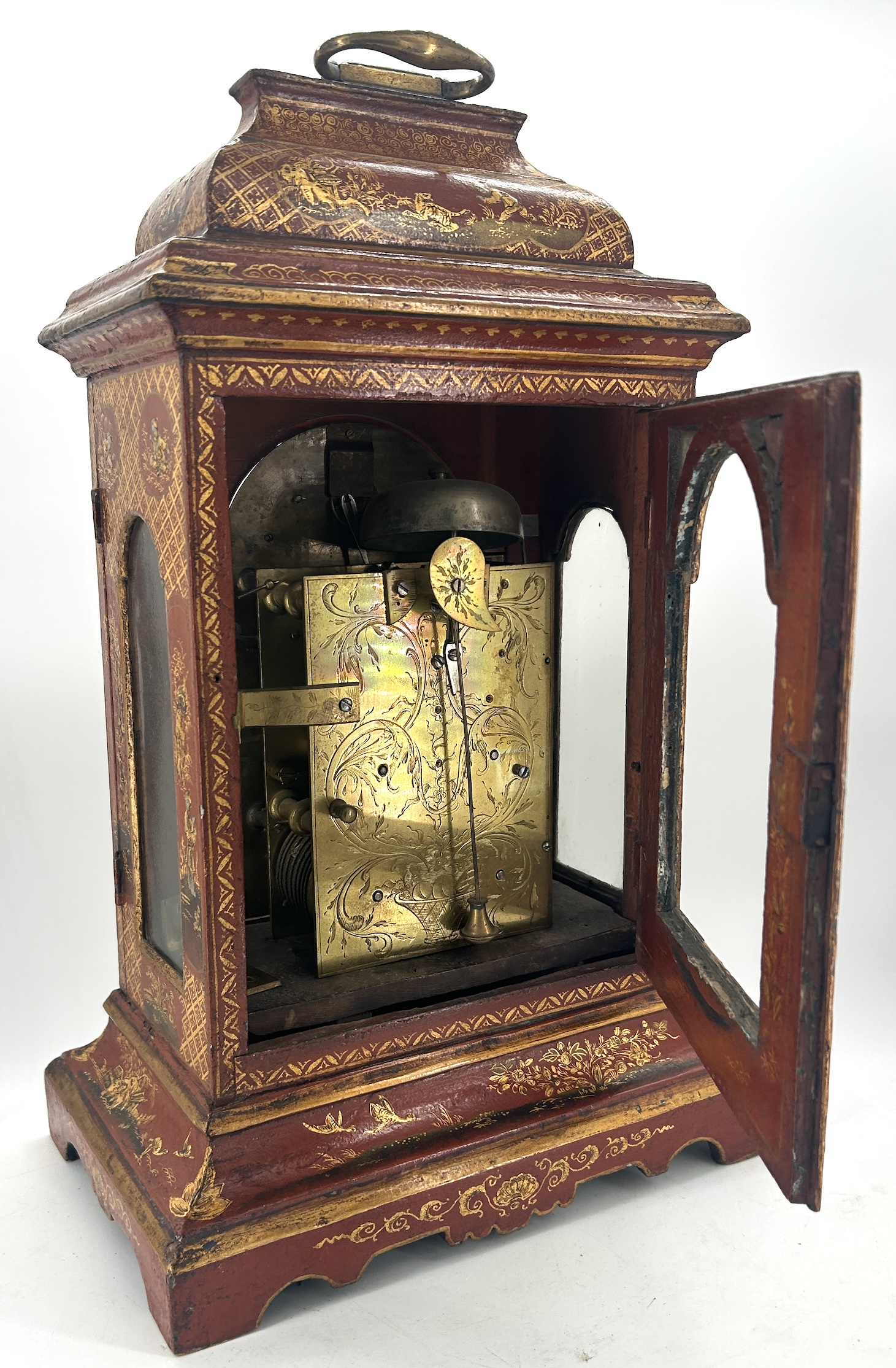 Outstanding Red Chinoiserie English Verge Twin Fusee Bracket Clock – Ca 1760 twin fusee Antique Clocks 16